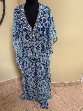 New Yumi Kim Embellished Blue Floral V-Neck Maxi Kimono /dress/Beach L/xl